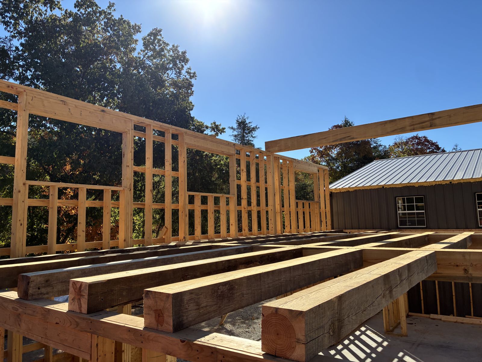 New home framing in the woods
