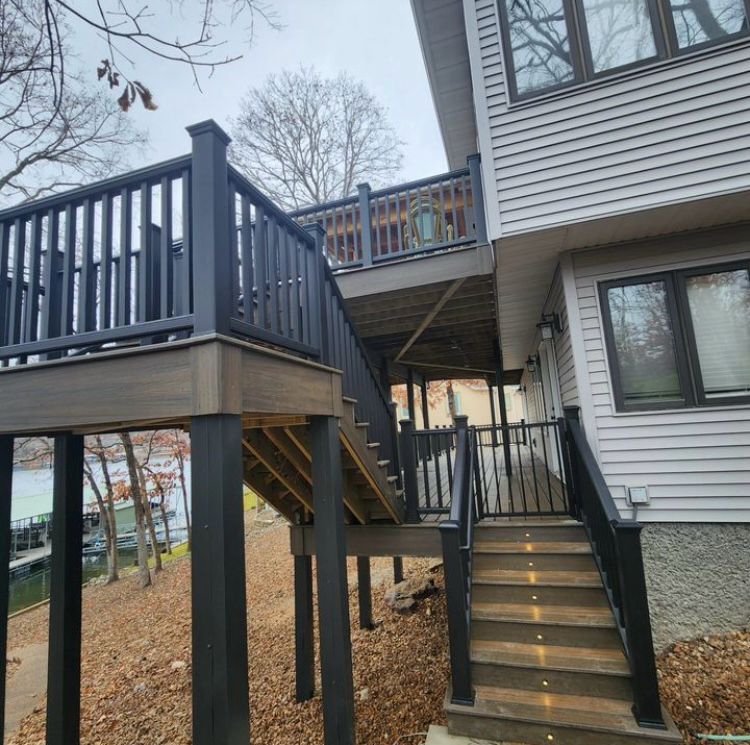 Deck stairs and railing on a lake home